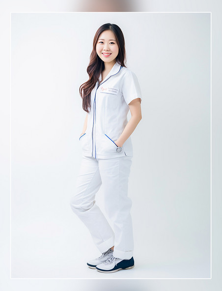 护士照片亚洲面孔女性全身照穿着专业的护士服装微笑人像摄影风格