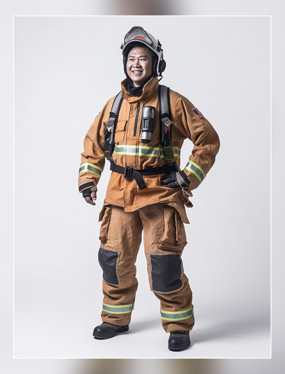 站立的专业消防员照片全身照穿着消防服成年男性人像摄影风格