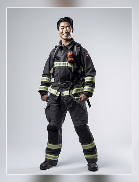 站立的专业消防员照片全身照穿着消防服成年男性人像摄影