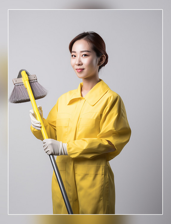 打扫卫生专业的清洁工拿着清洁工具微笑女性穿着专业清洁服装人像摄影风格