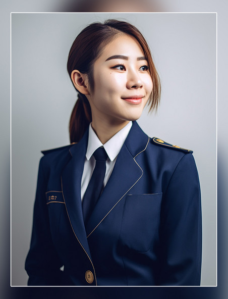 一张女飞行员的照片亚洲面孔女性全身照专业服装微笑人像摄影风格