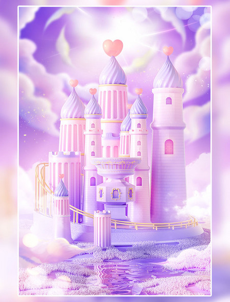 情人节紫色梦幻3D立体爱心城堡建筑浪漫场景