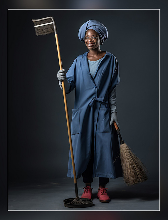 打扫卫生专业的清洁工人像拿着清洁工具微笑女性穿着专业清洁服装人像摄影风格