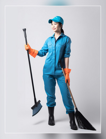 清洁工打扫卫生专业的清洁工拿着清洁工具微笑女性穿着专业清洁服装人像摄影风格