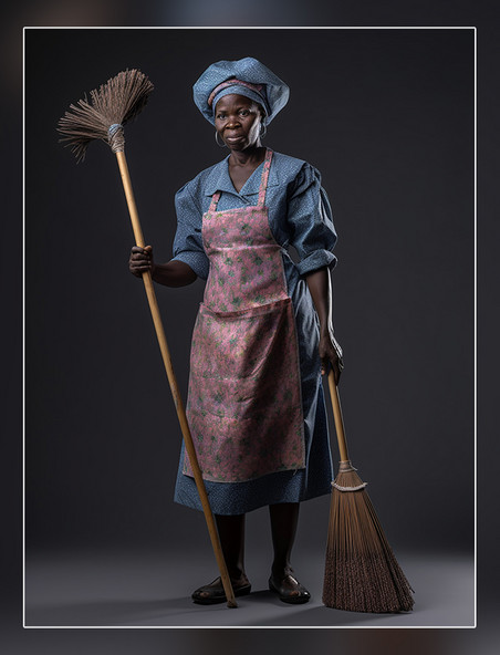 打扫卫生专业的外国清洁工拿着清洁工具微笑女性穿着专业清洁服装人像摄影风格
