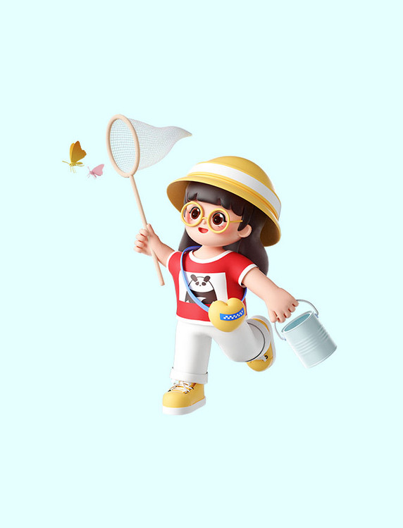 儿童节3D立体61可爱人物捕捉蝴蝶