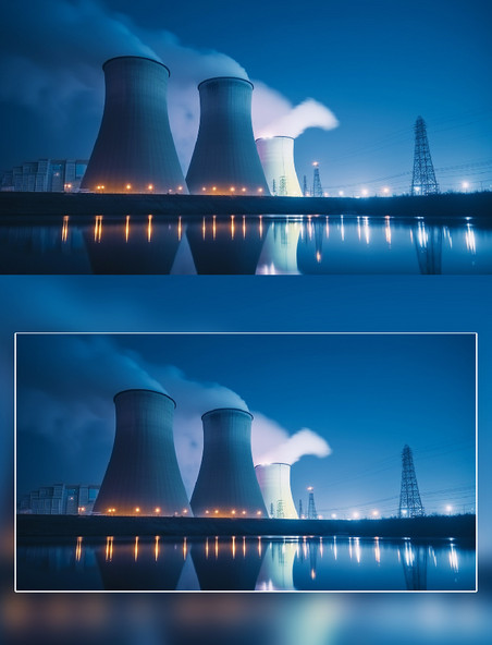 晚上核能工厂烟雾摄影环保新能源