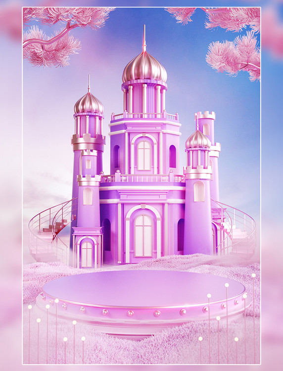520粉紫3D立体浪漫城堡电商促销展台场景