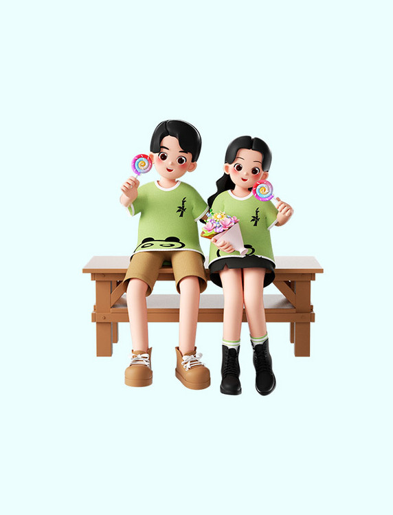 520情人节3D立体潮流情侣人物手拿棒棒糖