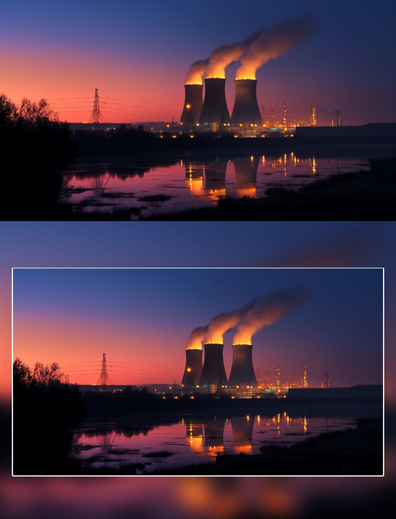 傍晚夕阳下核能工厂摄影