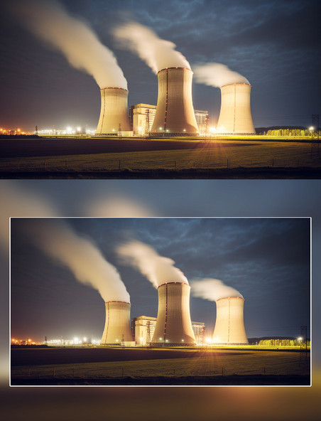 核能工厂烟雾夜晚摄影新能源环保