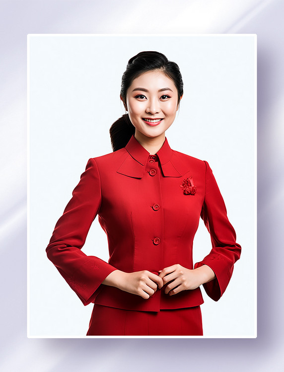 穿着红色工作服的微笑的美丽礼仪小姐服务员