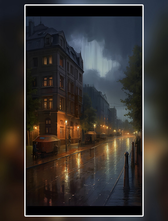 雨景油画风景街道下雨