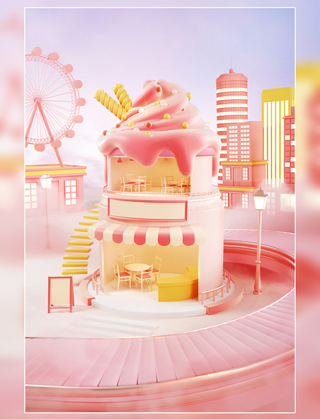 粉色梦幻3D立体美食甜品创意促销场景