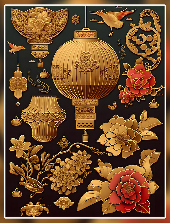 红花中式灯笼元素数字艺术国潮中国风金色