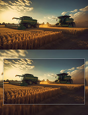 农业科技大场景收割机收麦农田