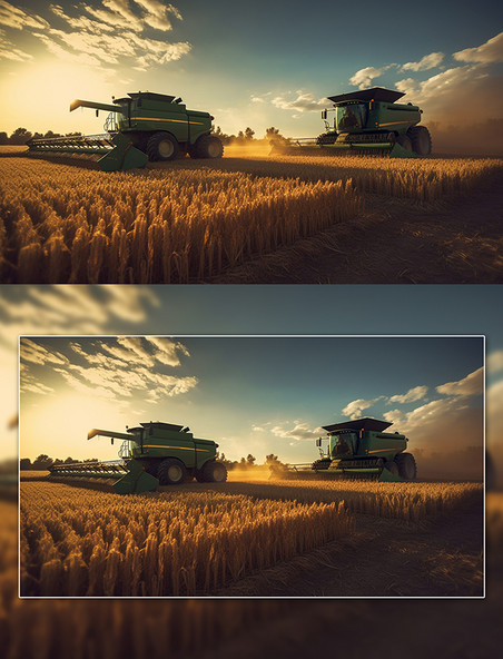 农业科技大场景收割机收麦农田