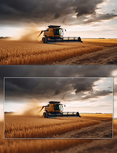农业科技大场景收割机收麦子农田