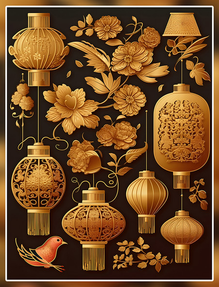 红鸟黄金灯笼元素数字艺术国潮中国风金色