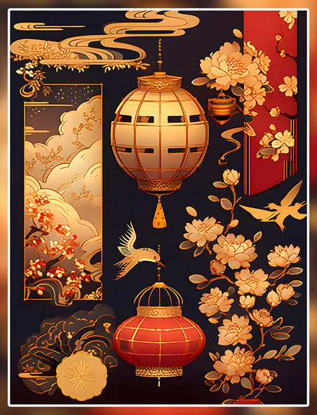 画卷灯笼元素数字艺术国潮中国风金色