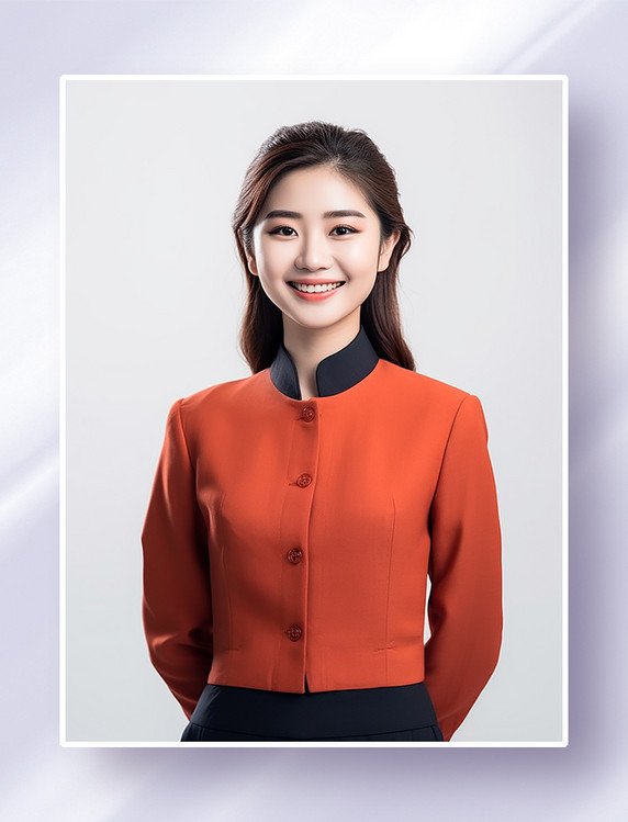 微笑的美女服务员礼仪小姐穿着红黑色制服人物人像半身照