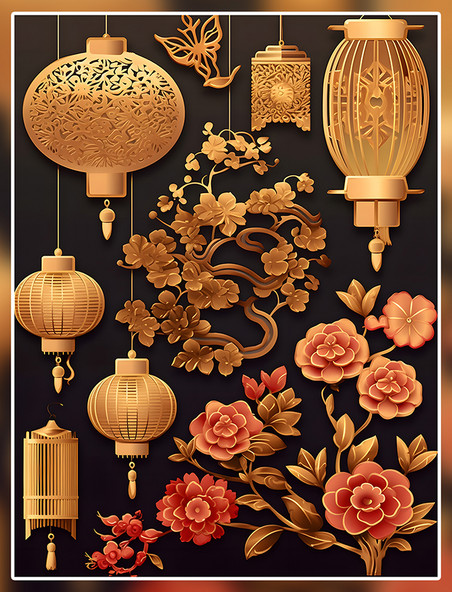 朵朵红花元素数字艺术国潮中国风金色