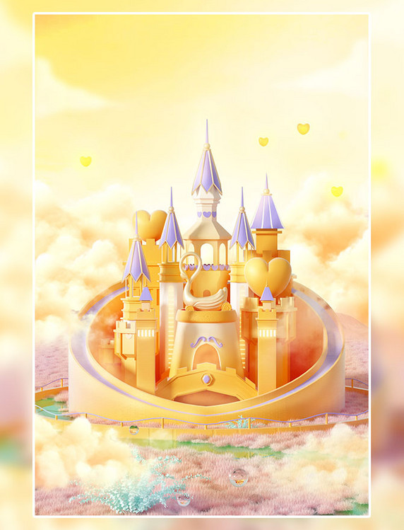 520情人节3D立体金黄色创意城堡建筑梦幻场景