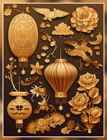 飞鸟花朵元素数字艺术国潮中国风金色