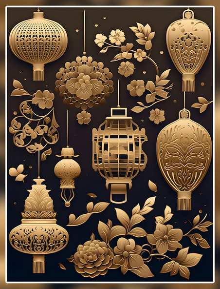 高贵金灯笼元素数字艺术国潮中国风金色