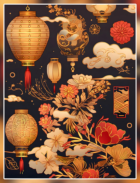 多彩中式灯笼数字艺术国潮中国风金色