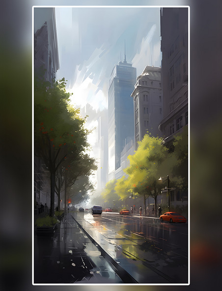 明媚街景油画风景街道下雨