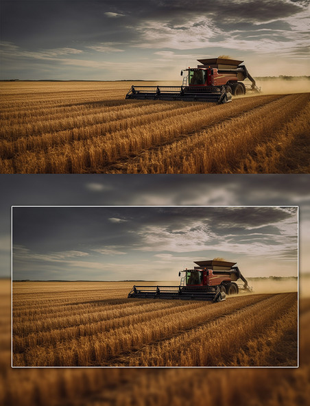 农业科技大场景红色收割机收麦农田