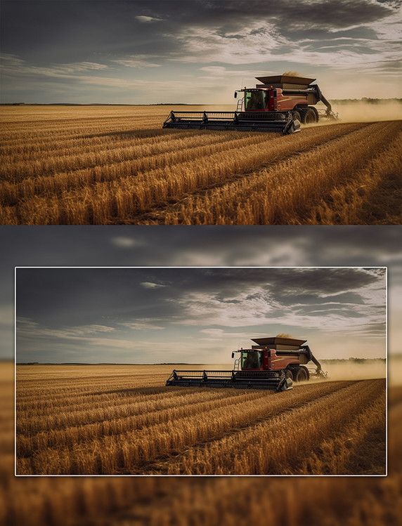 农业科技大场景红色收割机收麦农田