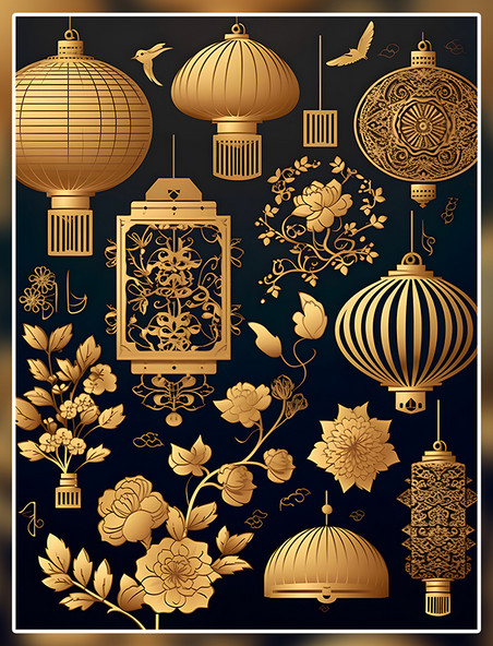 金色中式灯笼元素国潮中国风金色
