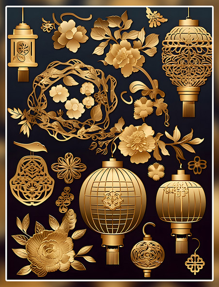 花团锦簇灯笼元素数字艺术国潮中国风金色