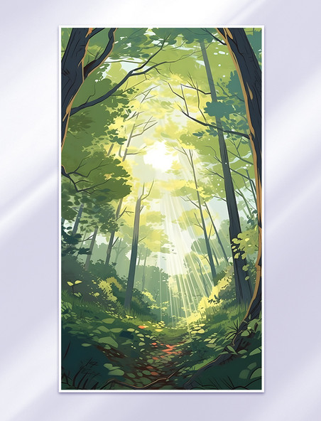 春夏清新森林树木植物场景插画
