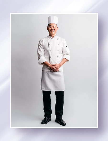 男性厨师全身正面职业照摄影图微笑穿着白色厨师服人物