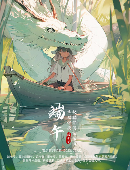 端午节插画中国古典风插画端午节小女孩与龙绿色