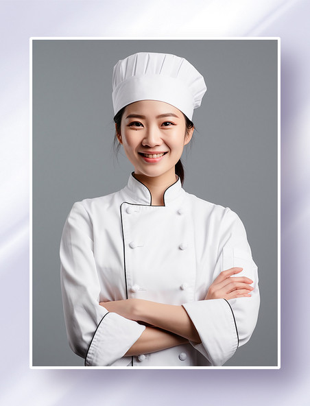 微笑的美女厨师穿着白色厨师衣帽正面半身照人物