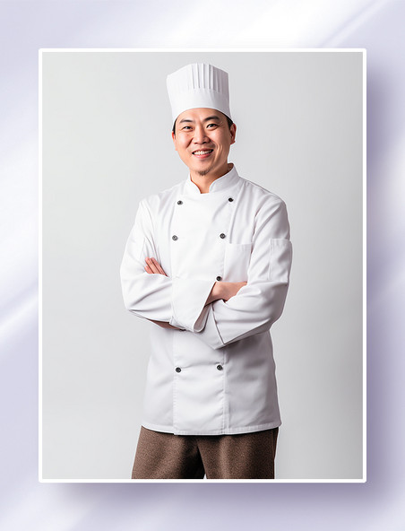 微笑的男性厨师大厨穿着白色厨师服半身正面照人物