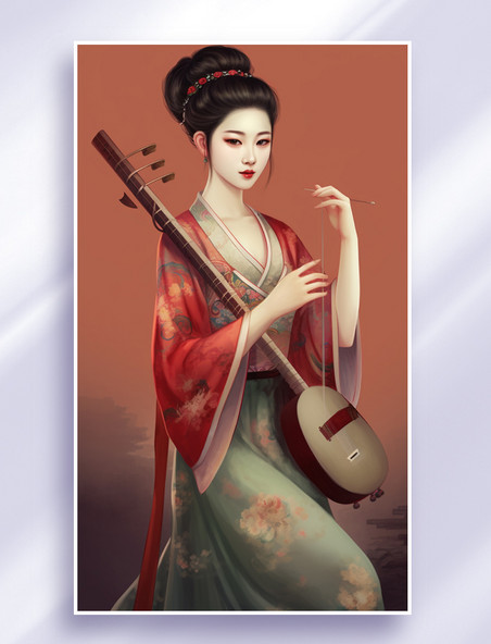 卡通动漫漫画美女国潮中国风琴乐器插画