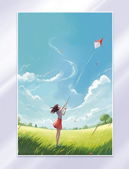 在草坪上放风筝的女孩插画