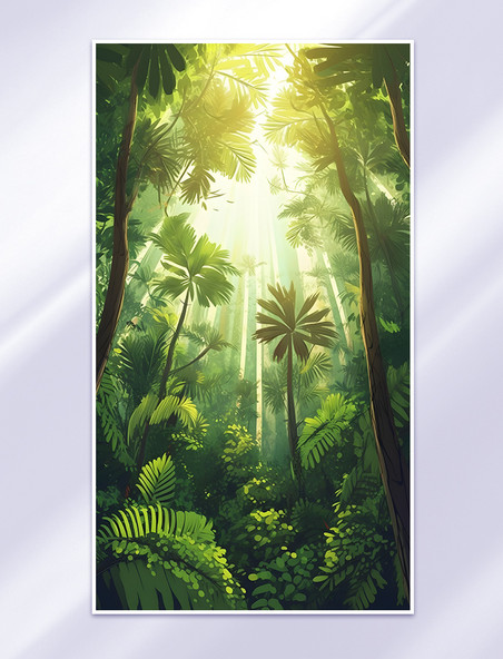 春夏热带森林椰子树场景插画