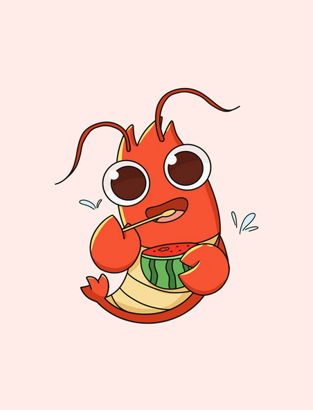 小龙虾简约扁平卡通可爱龙虾吃西瓜