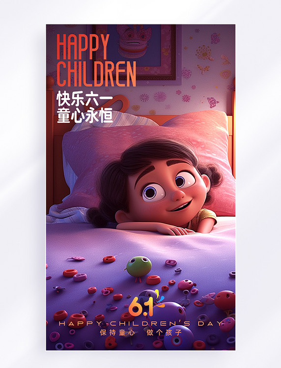 3D人物皮克斯61儿童节节日祝福海报