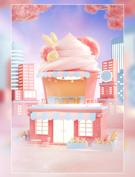 粉色梦幻3D美食甜品促销创意场景