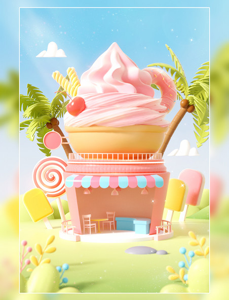 3D夏日美食甜品冰淇淋创意促销场景