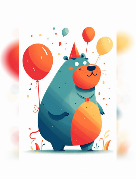 拟人卡通2d熊和气球生日动物