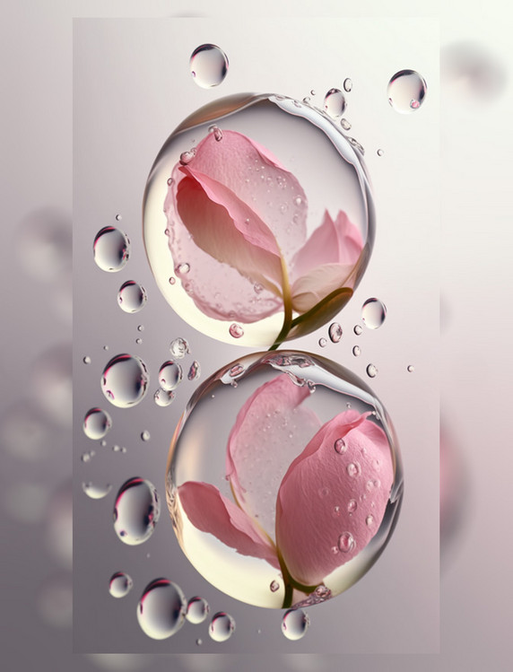 特写摄影感空中掉落美妆水珠粉色花瓣美业