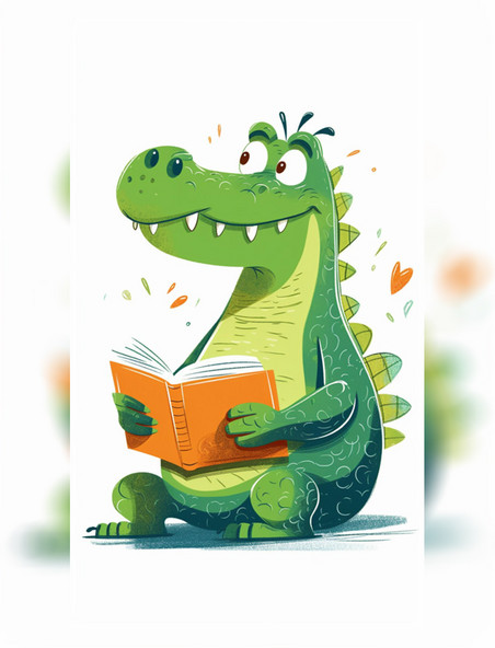 拟人卡通2d平面鳄鱼看书动物
